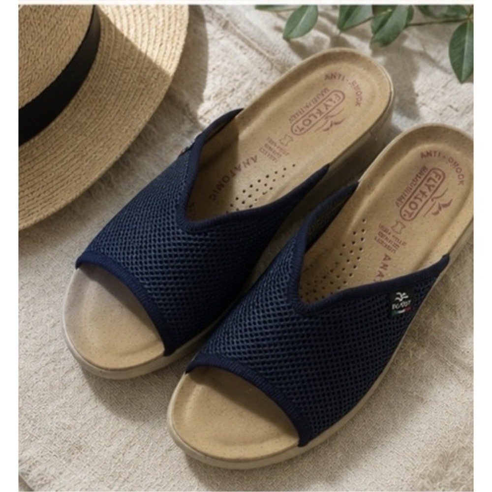 Fly Flot Italian Comfort Slide Sandals Navy Mesh Anti Shock Sz 9.5 Arch Support